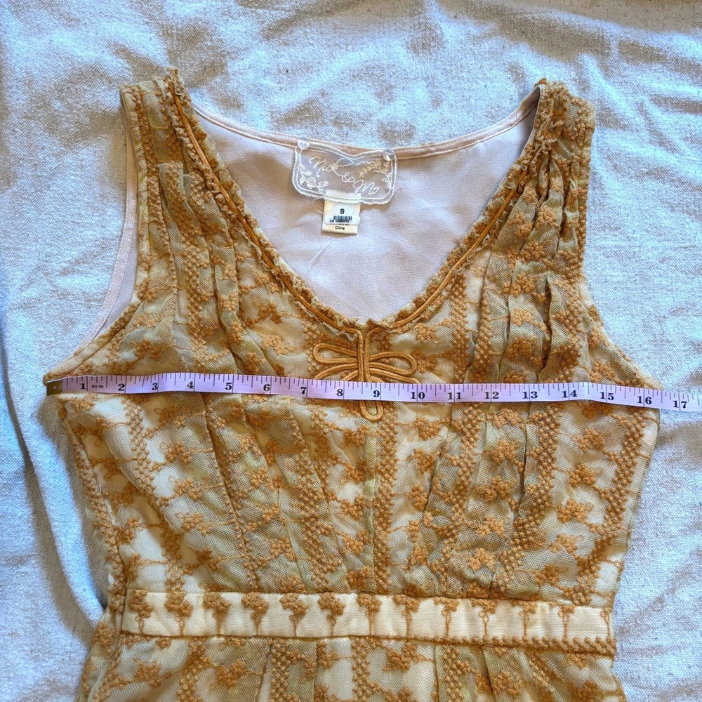 Nick & Mo Mustard Yellow Lace Floral Embroidered V-Neck Fit & Flare Dress Small - Picture 5 of 7